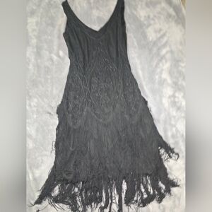 BABEYOND Black Beaded Fringe Evening Dress